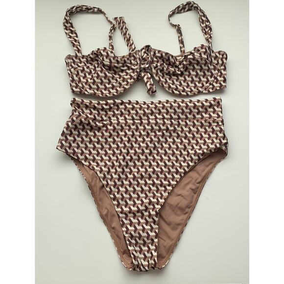 Monday Swimwear Sorrento Bottom and Cala Roja Top Set Husk Geo Print Brown - Picture 3 of 14